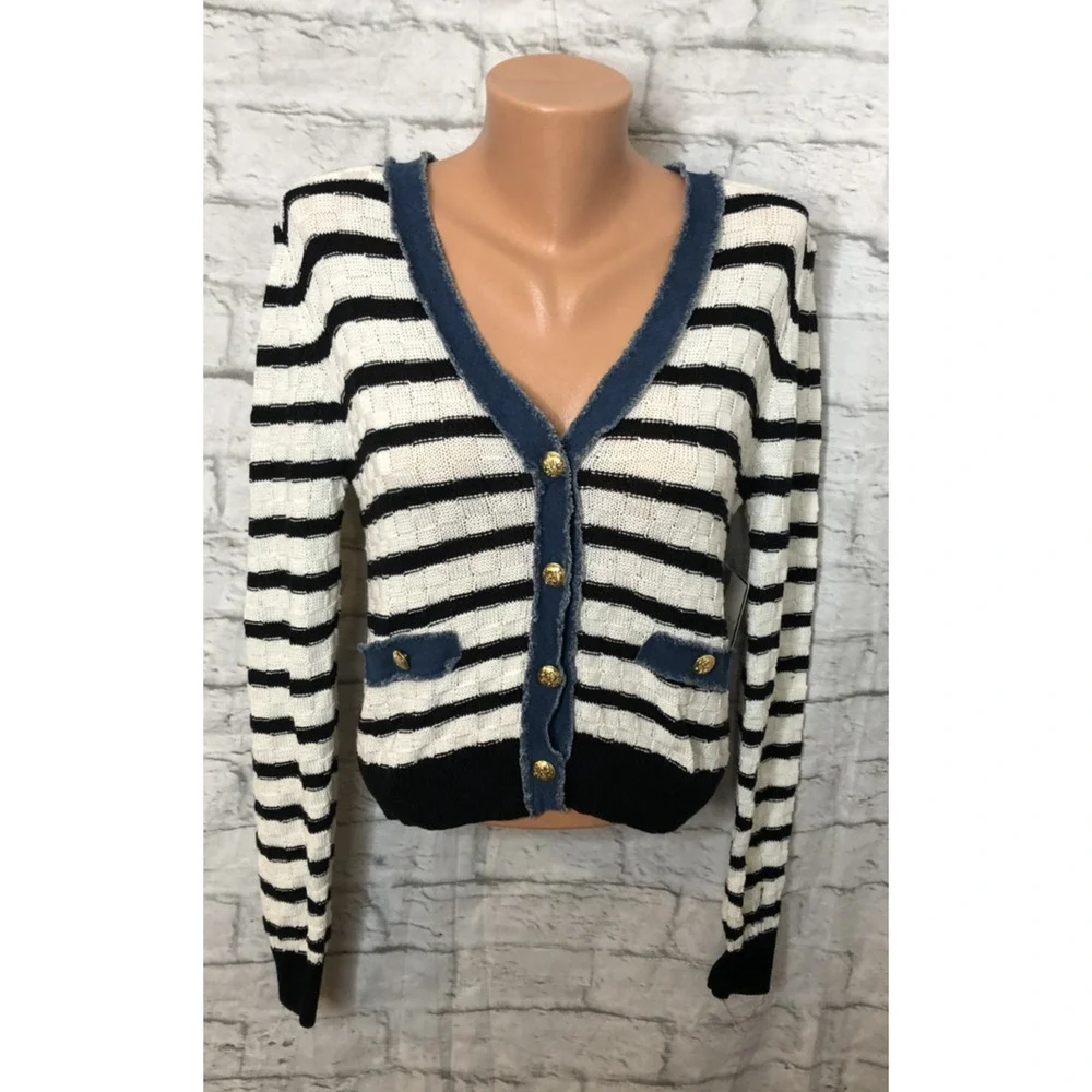 Laundry Shelli Segal Cardigan Striped Knit Gold Buttons Cropped Sweater Women S